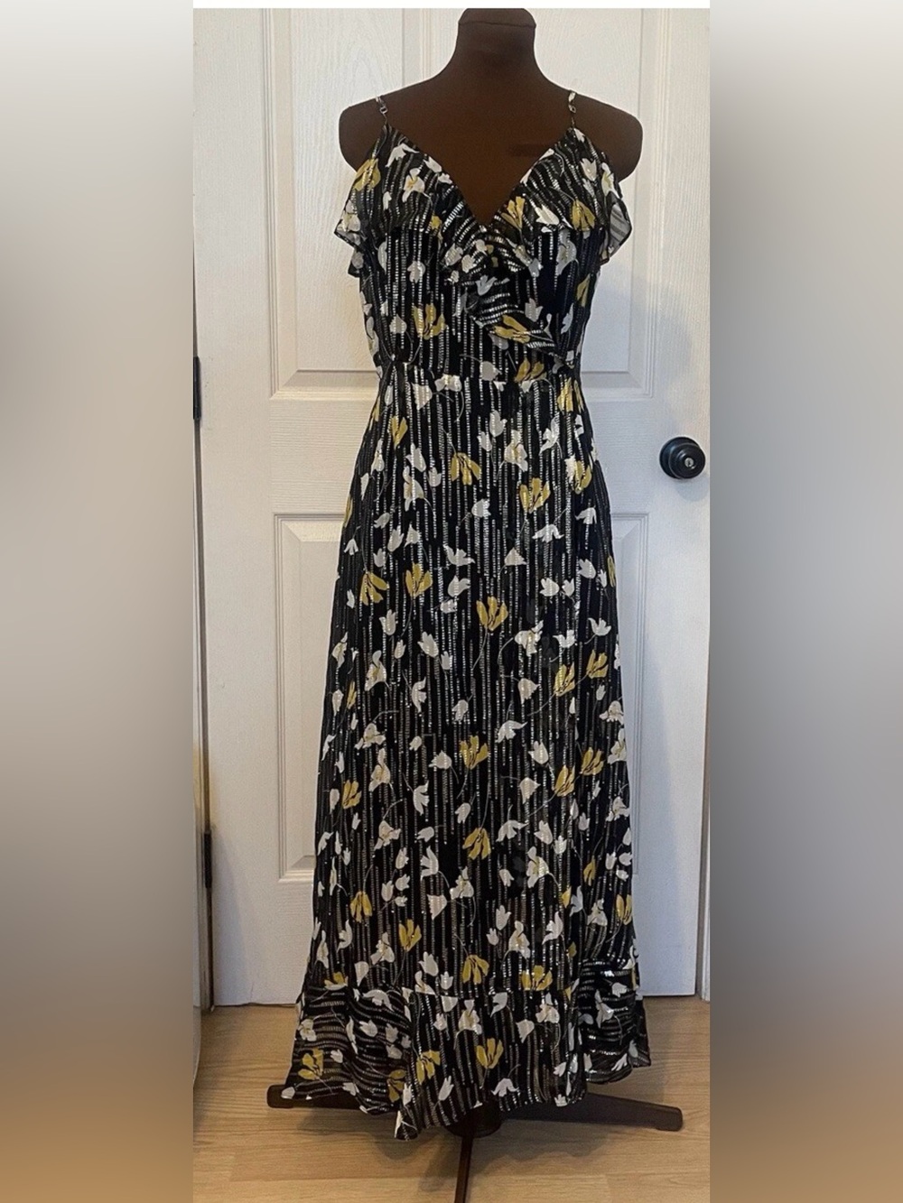 Joie Silk Floral Metallic Stripe Ruffle Maxi Dress Size S